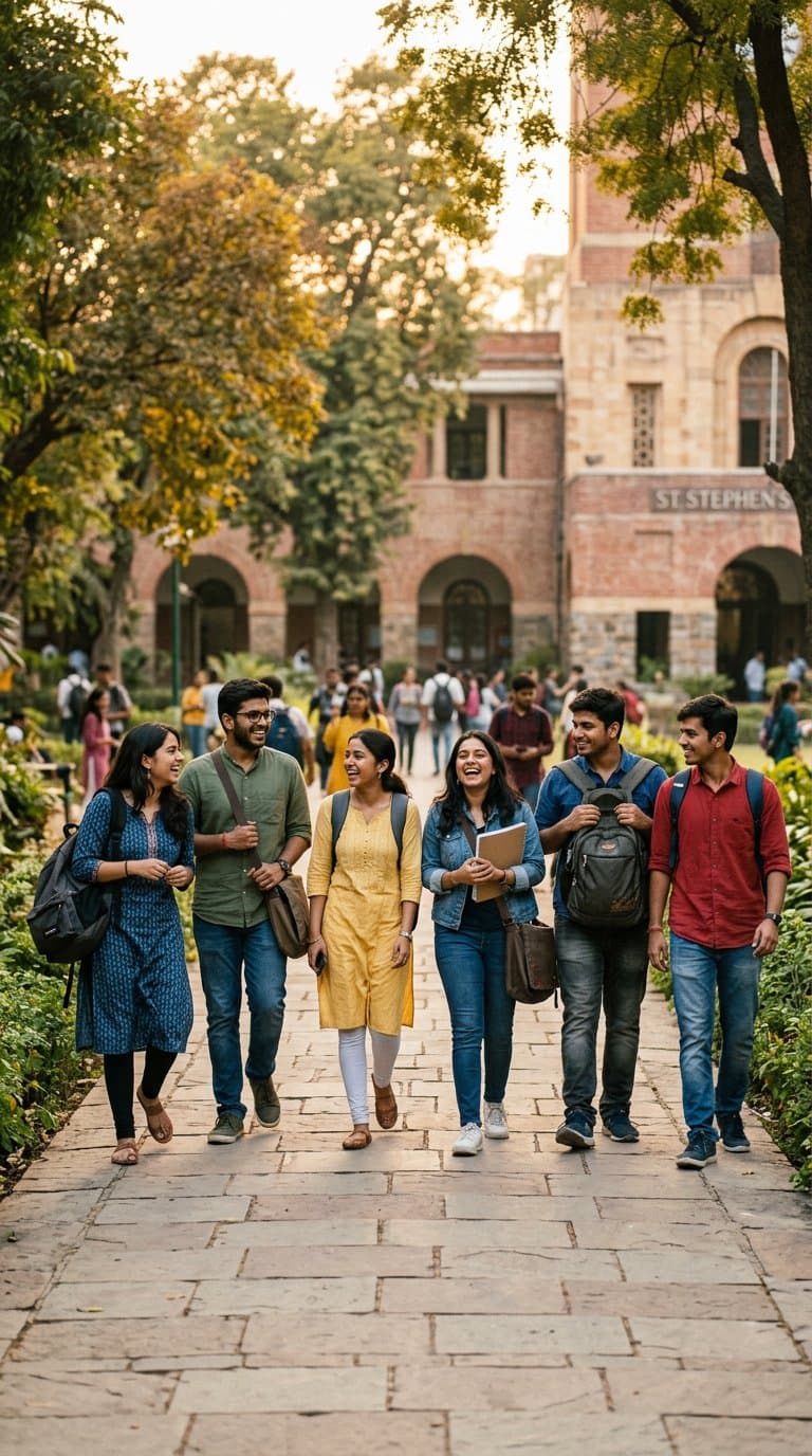 Students walking across a green university campus at golden hour