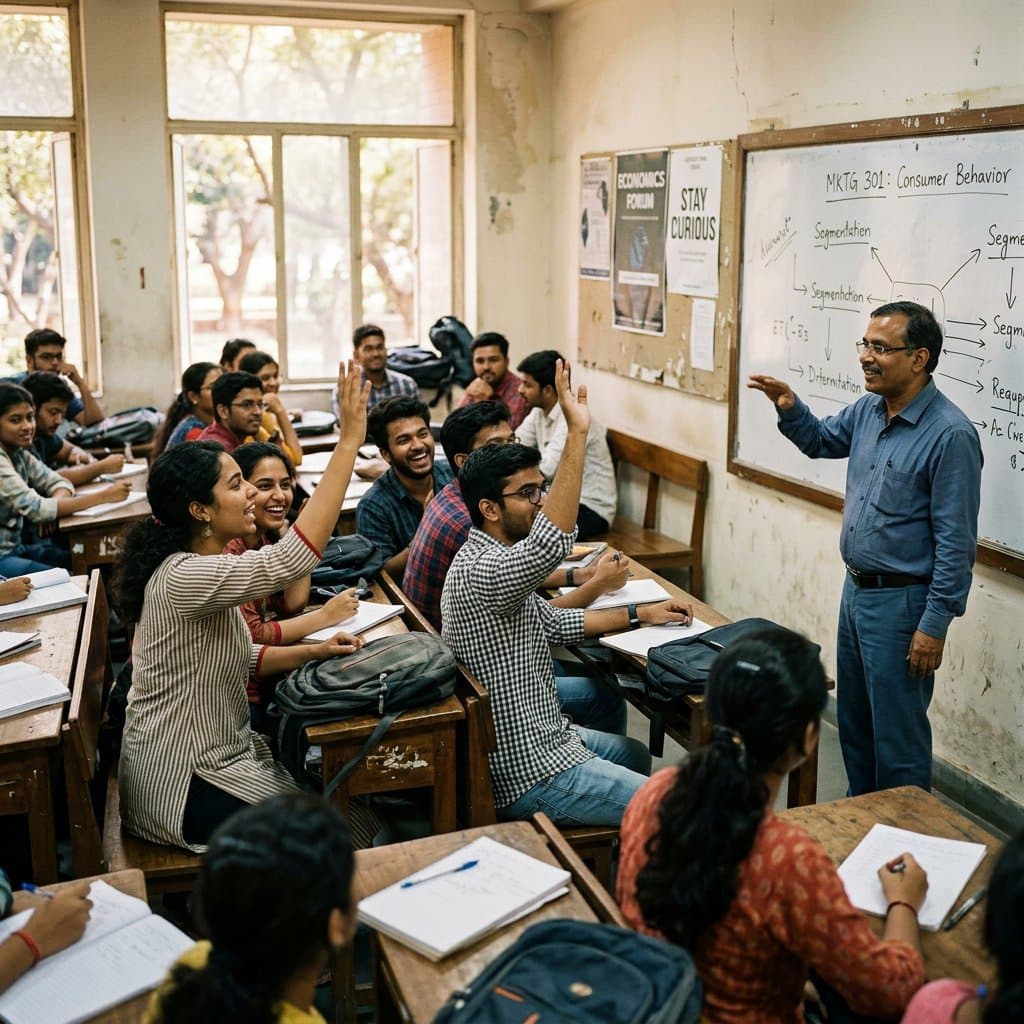 A lively classroom discussion with a professor at the whiteboard