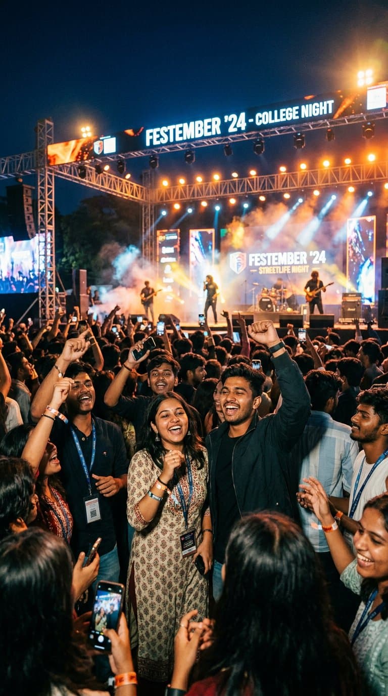 Students cheering at an illuminated college cultural festival stage