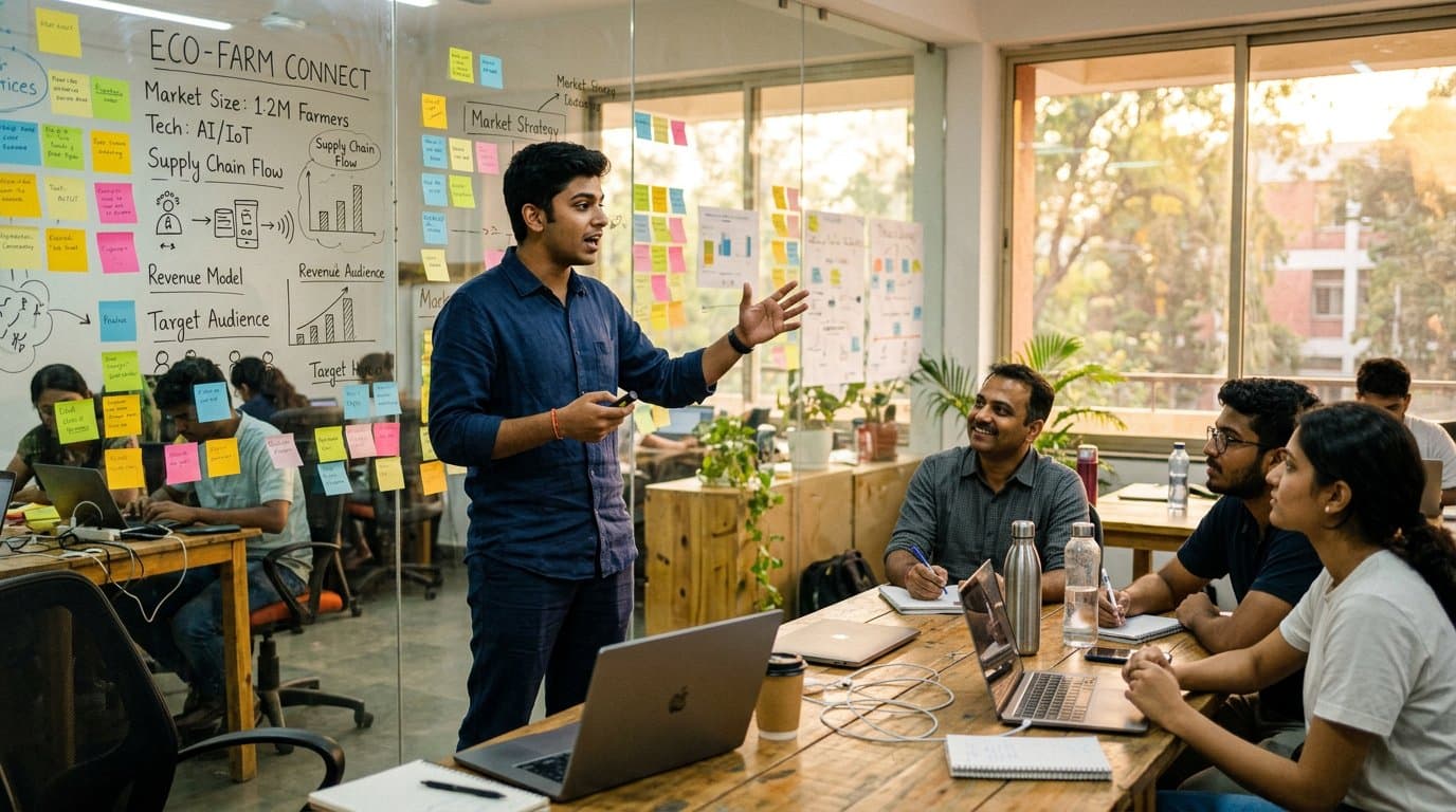 A student founder pitching an idea in a campus incubator