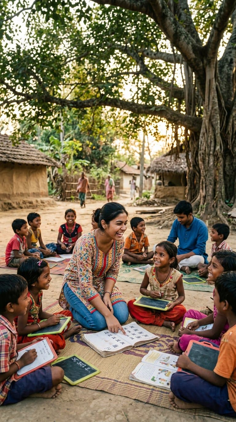 Student volunteers teaching children in a community programme