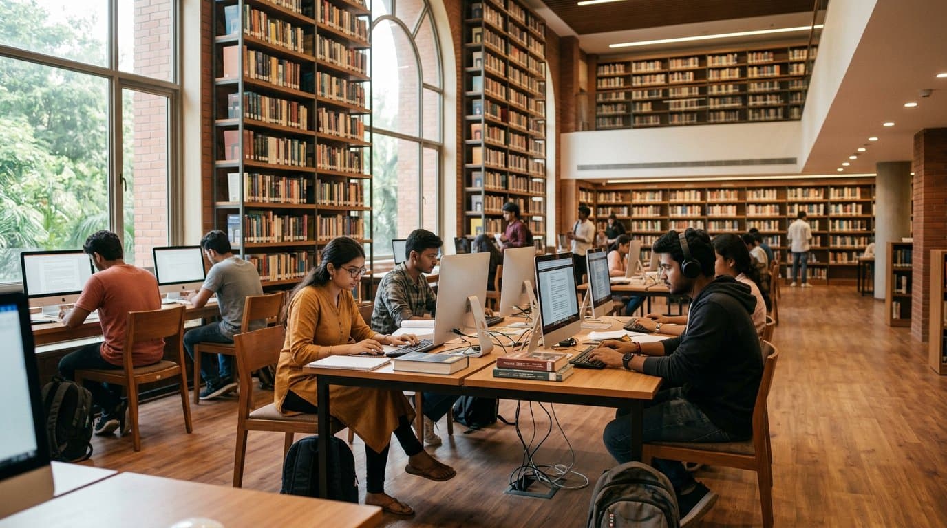 Students studying at computer terminals in a modern university digital library