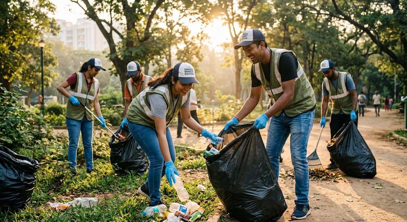 Student volunteers in gloves collecting litter during a community cleanliness drive