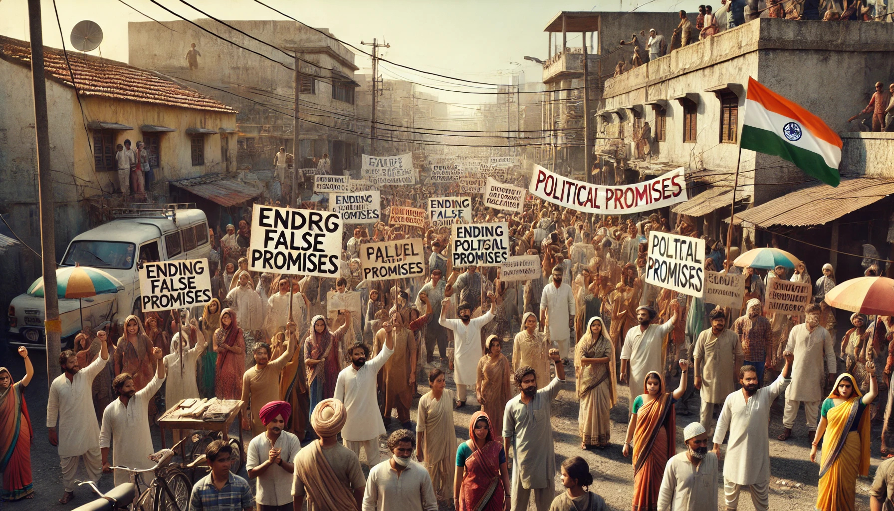 DALL·E 2025-08-08 22.50.50 - A realistic, natural-looking political protest scene in India, with a diverse group of ordinary citizens—young and old, men and women—holding handmade