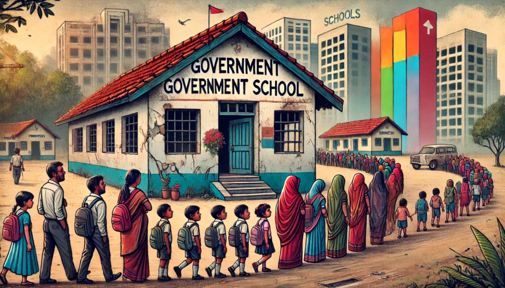 DALL·E 2025-09-01 23.35.26 - A conceptual illustration showing declining enrollment in government schools. The image depicts a traditional government school building with its sign