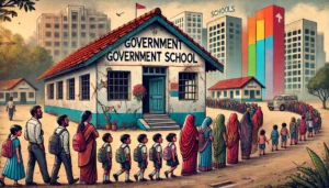 DALL·E 2025-09-01 23.35.26 - A conceptual illustration showing declining enrollment in government schools. The image depicts a traditional government school building with its sign